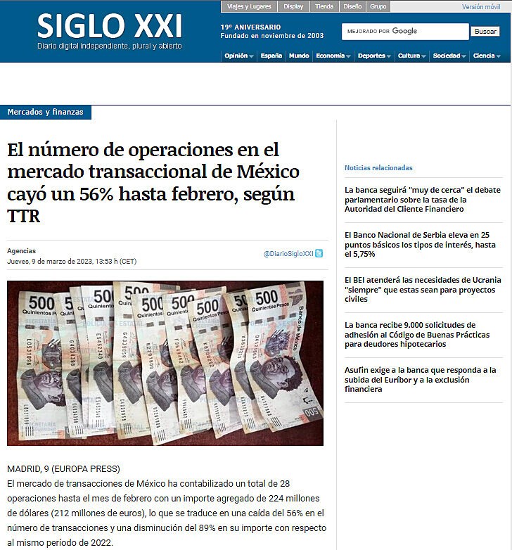 El nmero de operaciones en el mercado transaccional de Mxico cay un 56% hasta febrero, segn TTR